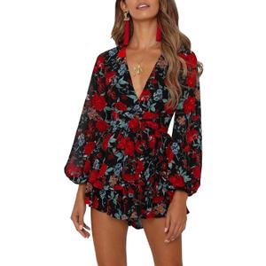 AIMCOO Women's Floral Print Deep V-Neck Romper Double Layer Ruffle Hem Jumpsuits Long Baggy Sleeves Waist Tie Short Rompers (Medium)