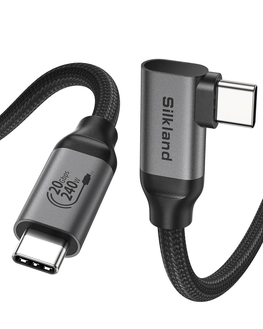 Silkland USB C Monitor Display Cable Right Angle 5FT [5K/4K@60Hz 8K@30Hz], 90 Degree USB C 3.2 Gen 2x2 Video Cable, 20Gbps Data Transfer, 240W Fast PD Compatible for MacBook Pro, iPad, iPhone 16