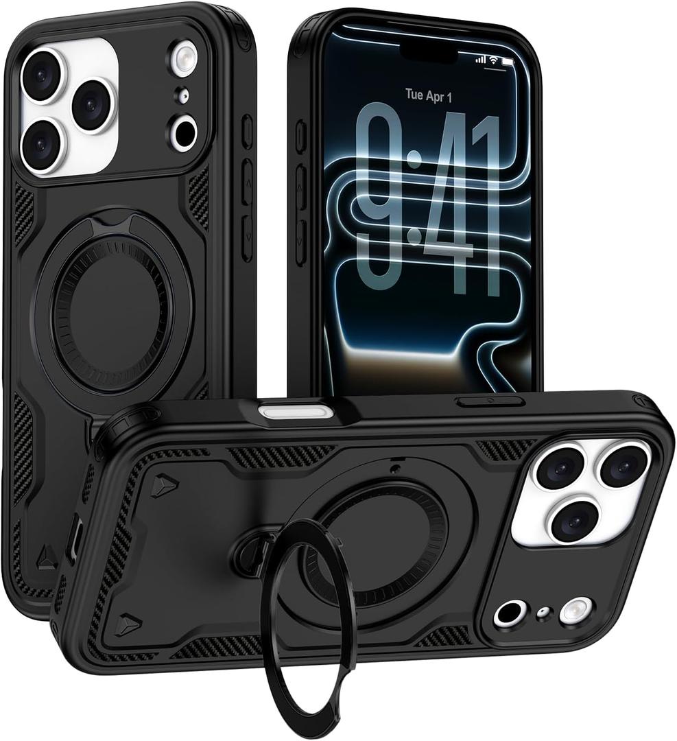 iPhone 17 Pro Max Case with 360° Spin Magnetic Stand Ring Holder, Fit for Mag-Safe, 16FT Mil-Grade Shockproof Dropproof Tough Rugged Protective Case Cover for iPhone 17 Pro Max (6.9 inch), Black