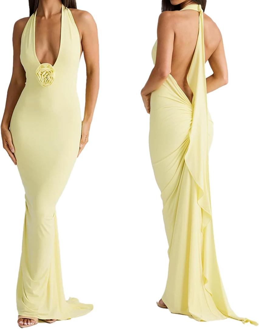 Women Sexy Backless Dress Halter Deep V Neck Detachable Flower Sleeveless Open Back Maxi Dress Cocktail Prom Formal Dresses (Small, Yellow)