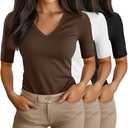 Ficerd 3 Pack Women's Half Sleeve V Neck T Shirts, Mid Elbow Length Sleeve Shirt Slim Fit Tunic Top Casual Summer Tee Large