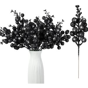 Geosar 36 Pcs Christmas Glittered Berries Stems 7.9 Inch Artificial Berries Sprays Branches Floral Pick for Christmas Tree Ornament, DIY Xmas Wreath, Crafts, Home Decor(Black,Pure Color)