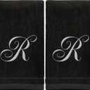 Monogrammed Towels Fingertip, Personalized Gift, 11 x 18 Inches - Set of 2 White Embroidered Towel - Extra Absorbent 100% Cotton - Soft Velour Finish - For Bathroom/ Kitchen/ Spa - Initial R (Black)