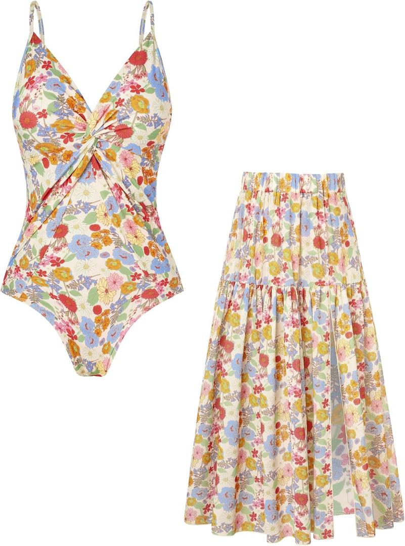 GRACE KARIN Women's One Piece Swimsuits with Cover Up Skirt Tummy Control V Neck Bathing Suits Multicolored Red Floral, Large