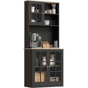 HOMCOM Kitchen Pantry Storage Cabinet, 72" Freestanding Cabinet with Hutch, Large Countertop, Glass Doors and Adjustable Shelves for Dining Room, Black (1)