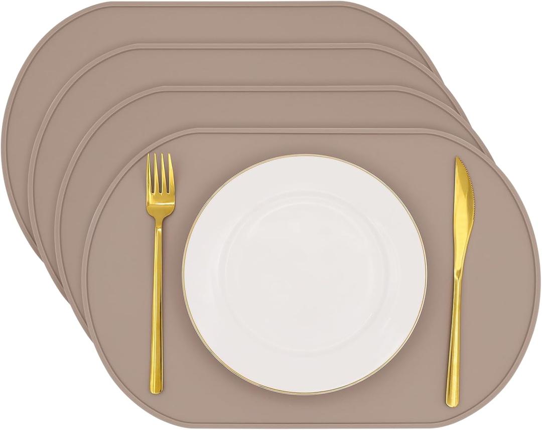 Silicone Placemat Set of 4, Heat Resistant Placemats for Dining Table, Reusable Portable Kids Baby Placemats, Waterproof Stain-Proof Toddler Food Mats, Easy to Clean Silicone Mat Oval Placemat (Light Brown)