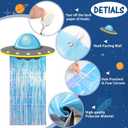 Simgoing Alien Birthday Party Decorations Golden Blue Door Curtain with Foil Fringe Tinsel Spacecraft Flying Saucer Spaceship Hanging Banner Planet Card for Alien Halloween Party