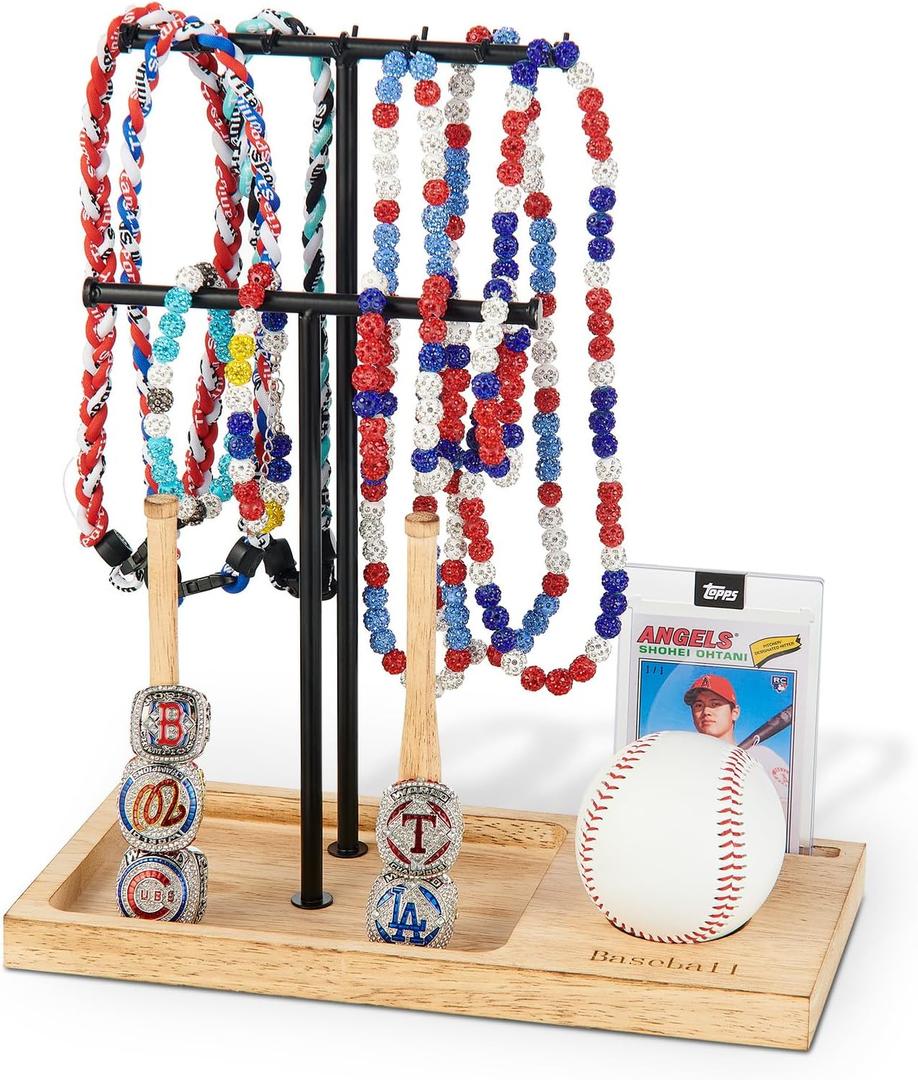 Pinzoveco Wooden Baseball Drip Necklace Organizer Holder,3 Tier Baseball Display Stand with 14 Hooks, Championship Ring Display Holder, Sports Ring Holder, Necklace Baseball Display Gift