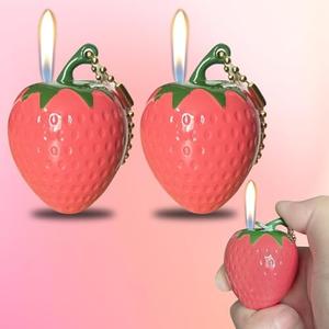 WMYQL 2 Pack Pink Strawberry Jet Torch Lighter, Refillable and Adjustable Lighters, Jet Flame Windproof Butane Torch Lighter, Cool, Birthday, Outdoor, BBQ,Candles (No Methane Gas)