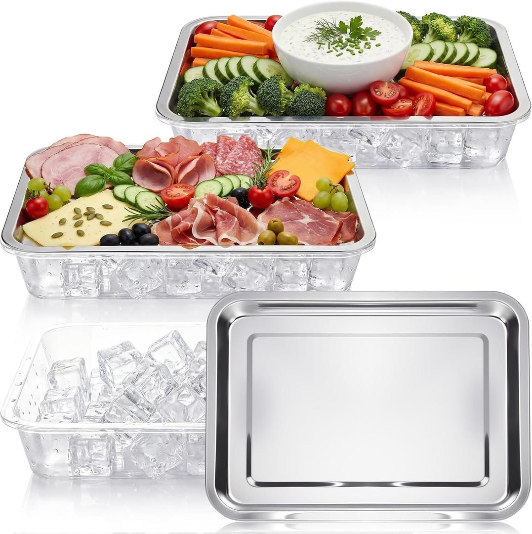 FoldTier 3 Set 14.2" Chilled Serving Trays for Parties with Compartments Stainless Steel Ice Chilled Party Platter Charcuterie Serving Board Cold Dish Dip for Fruits Veggies Shrimp Cocktail