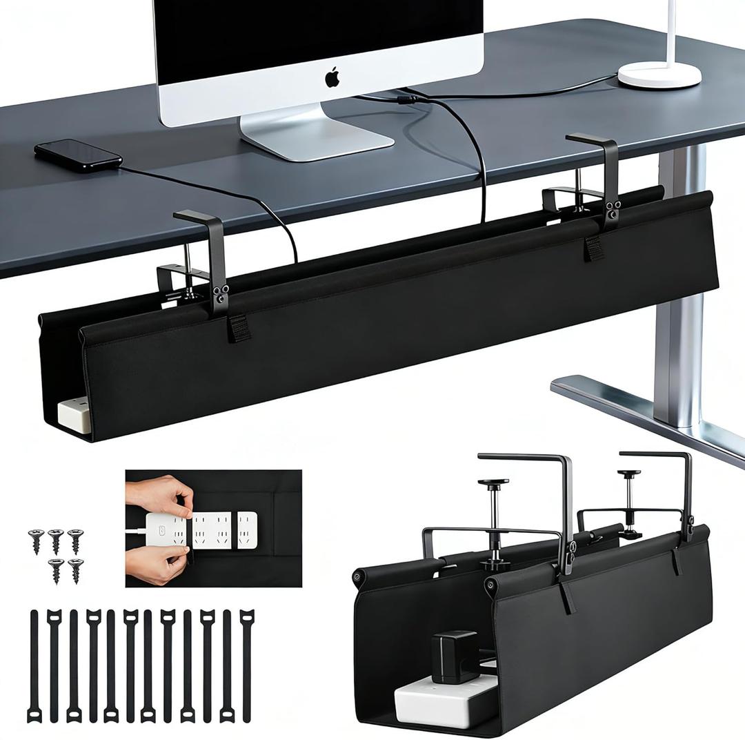 Oxford Cloth Under Desk Cable Management Tray,No-Drill 36" Desk Cable Management Organizer with Clip/Screw Installation,Fabric Cable Management for Home,Office & Gaming Computer(Black)