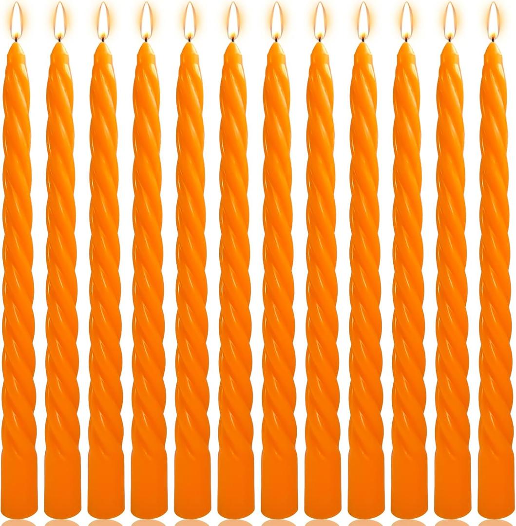 10 Inch Orange Twisted Taper Candles Set for Fall, 12 Pack Unscented Candlesticks, Dripelss Thin Tapered Candles for Halloween Harvest Thanksgiving Party Decoration