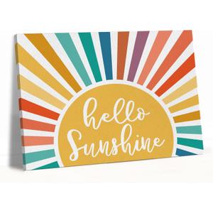 Boho Hello Sunshine Sign Canvas Wall Art Prints Painting Decor 1114 Inches, Colorful Sun Sunset Sunrise Sunshine Print Framed Artwork For Home Bedroom Living Room Girls Room