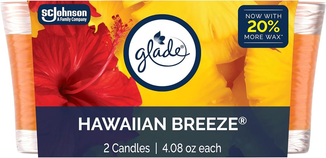 Glade 1-Wick Scented Candle Jar, Hawaiian Breeze, Air Freshener Infused with Essential Oils, 4.08 Oz, 2 Count