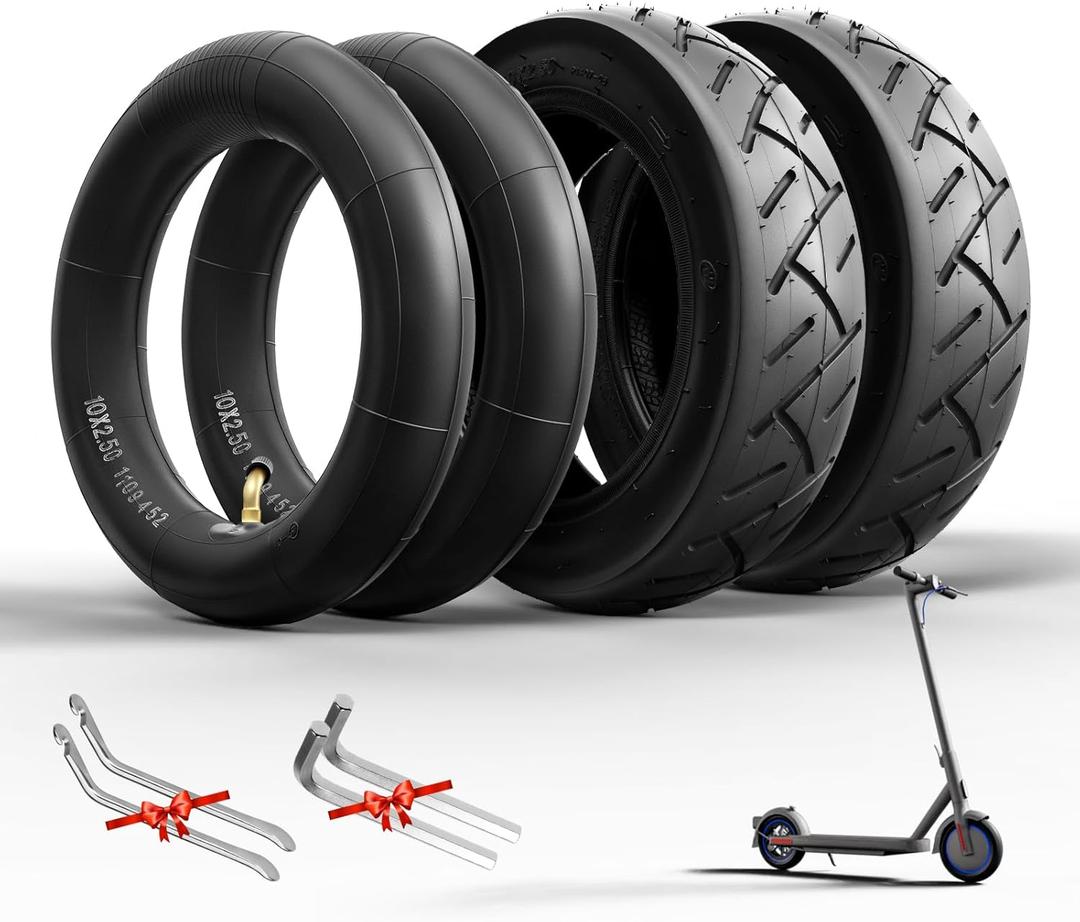E-Scooter Tire 10x2.5, 60/70-6.5 for Ninebot G30 Max /G30D/G30LP,E-Scooter Spare Tube+Tire Set for Front/Rear Curved Valve(2 Inner+2 Outer)