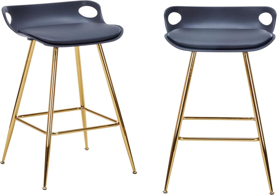 Sidanli Black Bar Stools, Barstool Set of 2, Counter Height Chairs with Gold Metal Legs, Island Chairs with Leather Cushion Seats & Footrests, 26 Bar Stools for Kitchen Island, Home Bar
