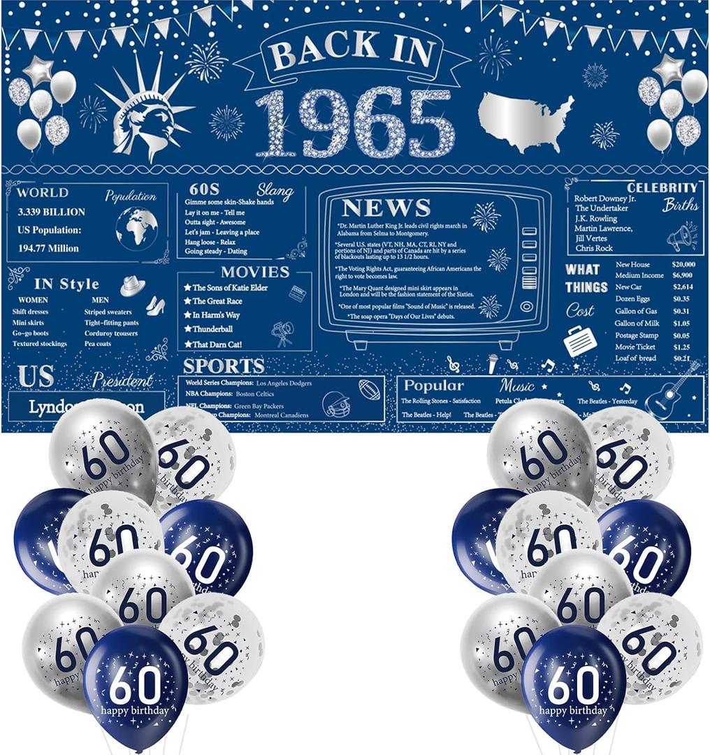 Navy Blue Silver 60th Birthday Decorations for Men or Women Large 60th Birthday Banner and Balloons, Back in 1965 Birthday Backdrop, 60 Year Old Birthday Anniversary Party Decor Supplies
