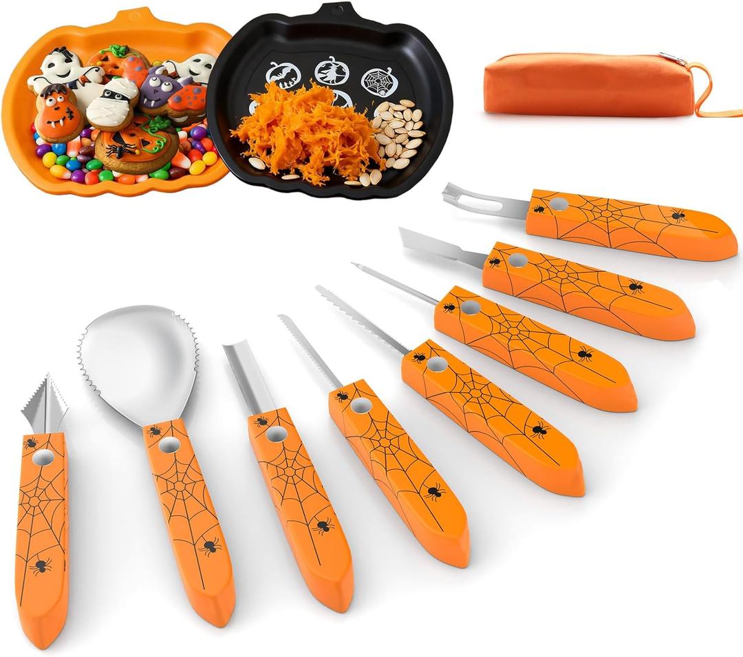 Halloween Pumpkin Carving Kit, 10PCS Professional Pumpkin Carving Tools Set, Heavy Duty Stainless Steel Sculpting Tool for kids or adults, Pumpkin Carving Knife with plates for Halloween