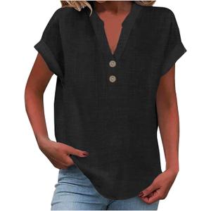 Womens Short Sleeve Linen Henley Tops V Neck Dressy Casual Blouses Summer Tee Shirts 2026 Vacation Fashion Clothes (X-Large, Black A01)