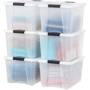 IRIS USA 40 Qt Stackable Plastic Storage Bins with Lids, 6 Pack - BPA-Free, Made in USA - Discreet Organizing Solution, Latches, Durable Nestable Containers, Secure Pull Handle - Pearl
