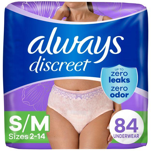 Always Discreet Adult Incontinence Underwear for Women and Postpartum Underwear, Small/Medium, Up to 100% Bladder Leak Protection, 84 Count (2 Packs of 42)
