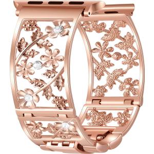 Floral Band Compatible with Apple Watch Jewelry Band 42mm 44mm 45mm 46mm 49mm iWatch Series 11 10 9 8 7,Bling Crystal Bracelet Hollow Metal Strap,Cute Women Wristband(42/44/45/46/49mm,Rose Gold)