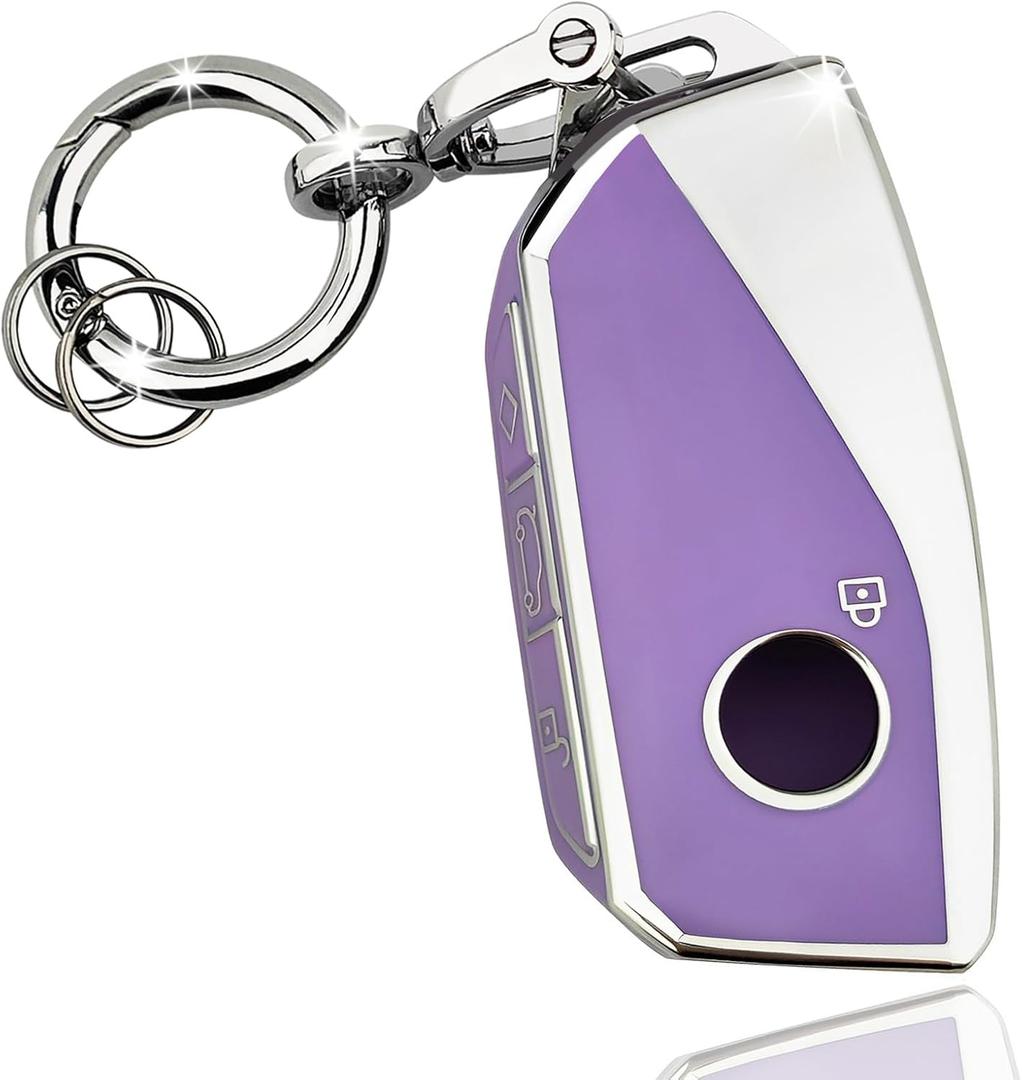 OLLEN Key Fob Cover with Ring, Fit for BMW 2023-2025~up New 5/7 Series 740i 760i X1 X2 X3 X5 X6 X7 XM IX IX3 I5 I7 ect, Full Protection Soft TPU Key Case, Purple and Silver