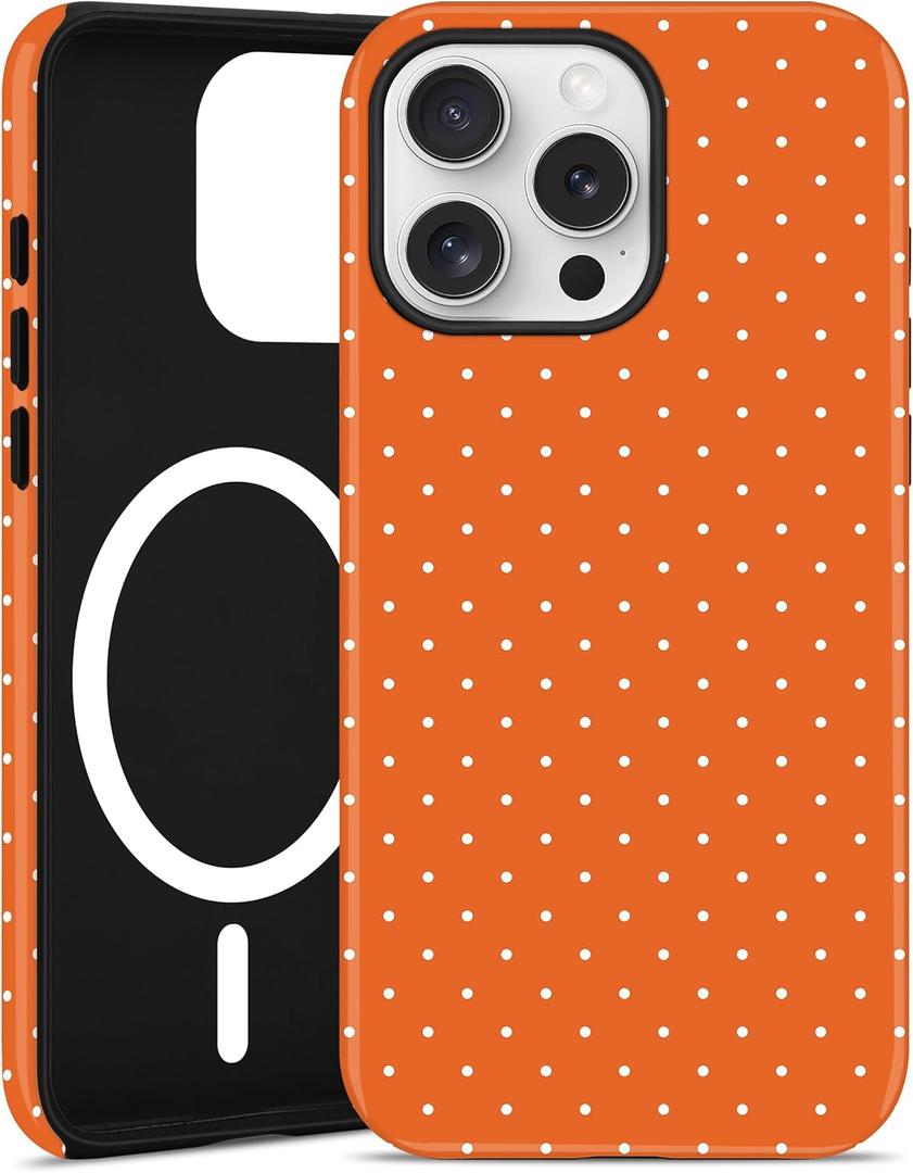 Jusy Compatible with MagSafe Polka Dot Case for iPhone 17 Pro, Cute Aesthetic Polka Dots Magnetic Phone Case, Soft TPU and Hard PC Protective Phone Cover for Women GirlsMatte - Orange
