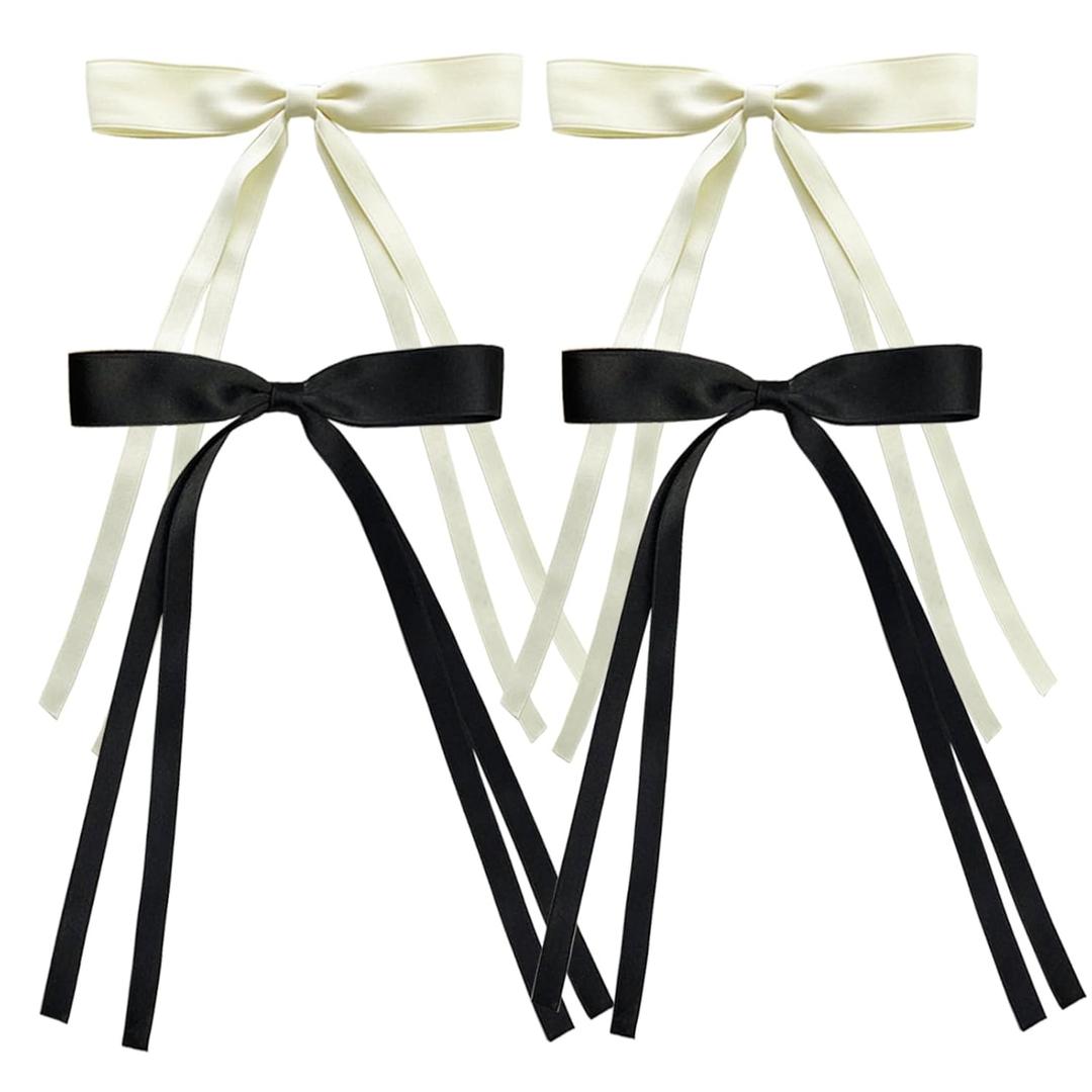 3 x Women Girls Hair Clips, 4 PCS Tassel Ribbon Bowknot Hair Clips with Long Tail, Big Ribbon Bows Satin Hair Clip for Hair Design (Black+Beige)