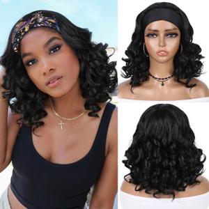 Fancy Hair Short Wavy Headband Wigs Wear and Go Short Bob Wig Synthetic Shoulder Length Headband Wig for Black Women (Natural Black)