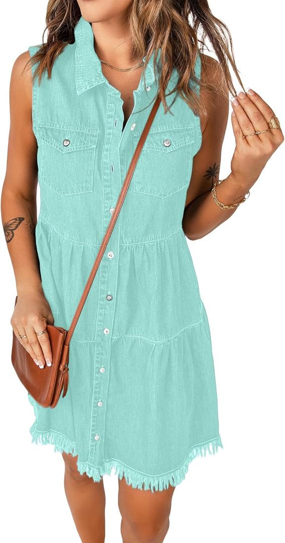 luvamia Women's Casual Summer Lapel Sleeveless Button Down Short Denim Jean Dress (Mint Green), S
