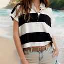 Womens T Shirts Striped Shirt Short Sleeve V Neck Button Down Cropped Tops Ladies Blouses (XL)