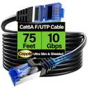 Cat6A Ethernet Cable Shielded 10Gbps 75 ft, Slim Shielded (F/UTP) Ethernet Cable Cat 6, Flexible 28AWG Bare Copper Cat6 Cable, Space-Saving Cat 6a Network Cable for Server, Data Center, Black