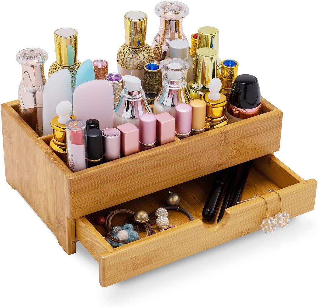 GOBAM Bamboo Makeup Organizers and Storage with Drawer - Wooden Cosmetic Organizer Countertop for Bathroom, Bedroom, Closet, Kitchen, Vanity & Dresser - Make up Vanity Station (Large)