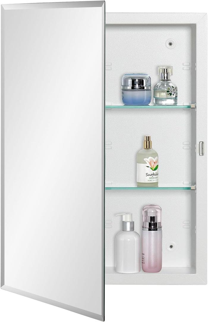 Bathroom Medicine Cabinet with Beveled Edge Mirrored Door 16 x 22 inch, Recessed or Surface Mount, with Adjustable Glass Shelves (Matt White)