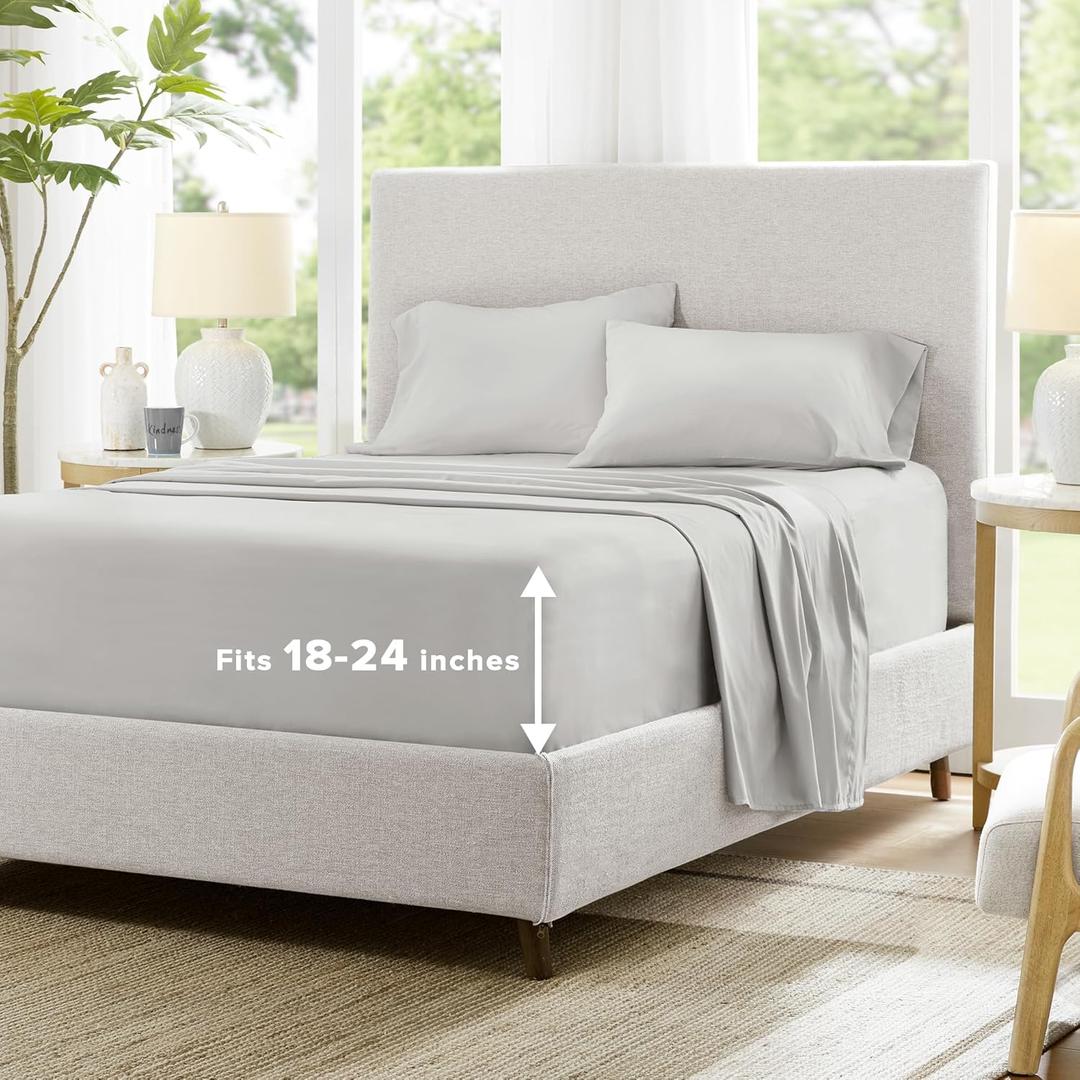 Comfort Spaces Extra Deep Pocket Sheets, Queen Cooling Sheets Fits Up to 24" Mattress, Moisture Wicking Coolmax, Soft, Colorfast Sheet Set, Cooling Bed Sheets for Hot Sleepers, Grey 4 Piece