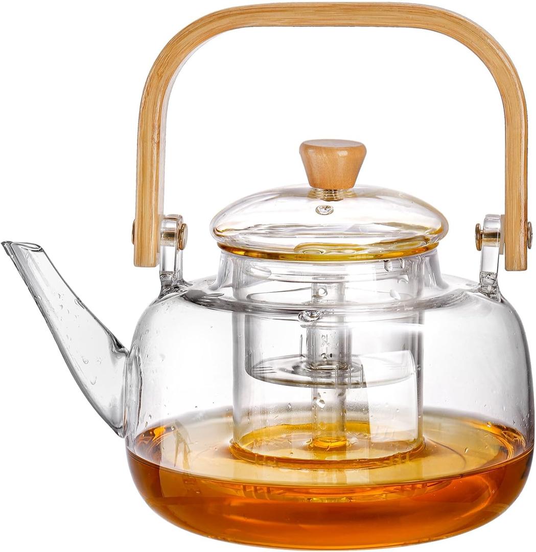 Yarlung 1000ml Glass Teapot Stovetop Safe, Borosilicate Glass Tea Kettle with Removable Infuser and Bamboo Handle for Loose Leaf Tea and Fruit Tea