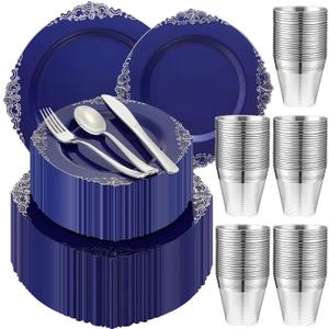 Umigy 450 Pcs Navy Blue Plastic Plates Heavy Duty Blue and Silver Disposable Dinnerware, Include 75 10. 2" Dinner Plates, 75 7. 5" dessert Dinnerware and 225 Silver Silverware for Weddings Party