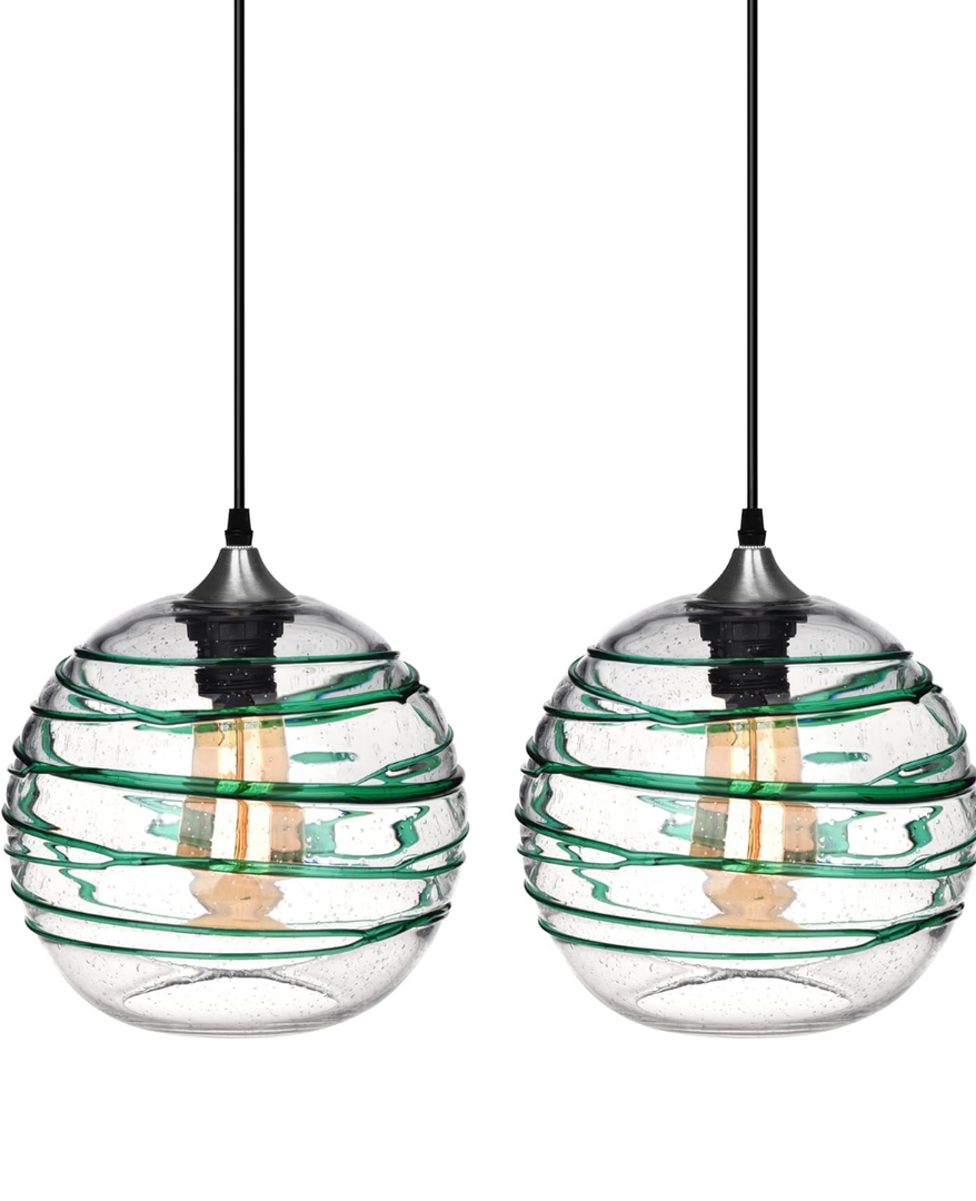 ARIAMOTION Pendant Lighting for Kitchen Island Green Stripe Seeded Glass Modern Coastal Style Light Fixtures for Beach House Dinning Room Table Hand Blown Art Glass Globe 9 Inch Diameter 2Pack