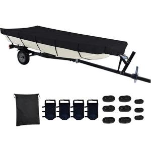 14ft Jon Boat Cover- Waterproof Heavy Duty Trailable Fits Jon Boat 14ft Long Black Marine Grade Reinforced Adjustable Side Straps & Sand Bag