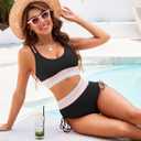 High Waisted Bikini Sets for Women Sporty Color Block Two Piece Bathing Suit Tummy Control Swimsuits Scoop Neck (Black, S)