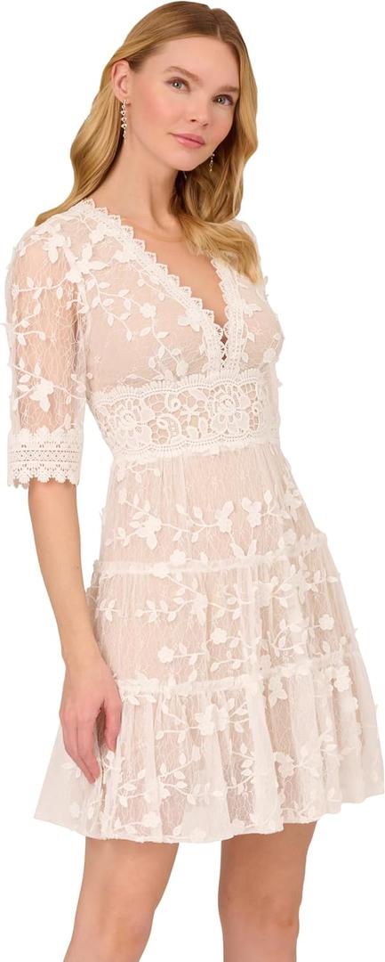 Adrianna Papell Lace Embroidery Dress (Beige, L)