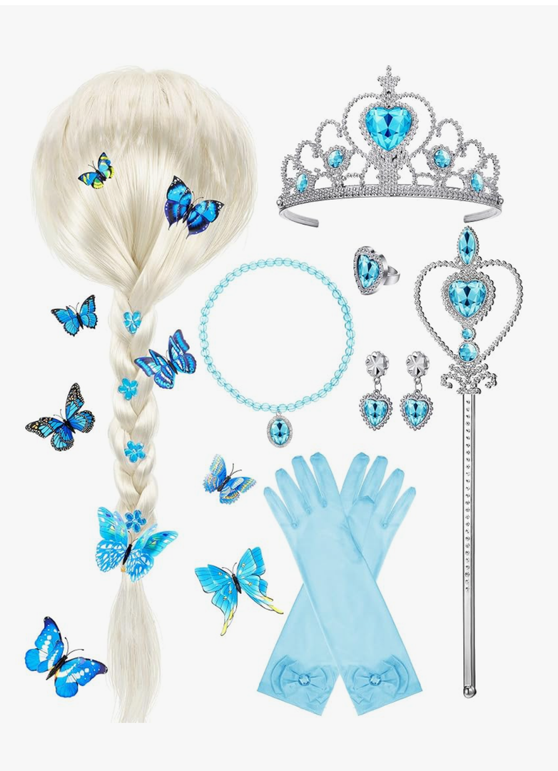 Sumind Princess Dress up Wig with Butterfly Princess Gloves Braid Pin Crown Wand Necklaces Rings Earrings for Halloween Party