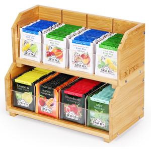 Tea Bag Organizer, 2 Layer Stackable Bamboo Tea Box Organizer Storage Box, Wooden Holder with 8 Compartments Natural Wood & Acrylic for Countertop Kitchen Cabinet Pantry (2 Tier)