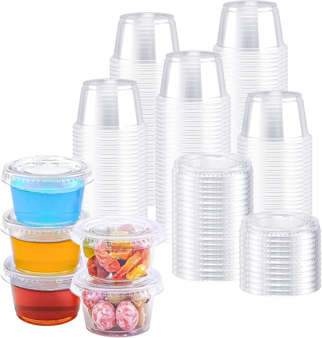 BYSNOW 500 Sets 1 oz Plastic Portion Cups with Lids, Small Clear Jello Shot Cup, Disposable Plastic Condiment Containers for Sauce, Salad Dressing, Snacks