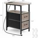 End Table with Charging Station, Narrow Side Table, 23.8'' Tall Nightstand with 2 Fabric Drawers, Small Sofa Side Table Narrow Nightstand for Small Spaces, Living Room, Bedroom, Rustic Grey