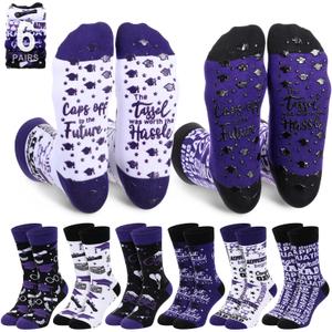Silicherry 6 Pairs Graduation Pilates Grip Socks for Women Non Slip Yoga Socks with Grad Hat Pattern Congratulate Grad Gifts(Black,Purple,White)