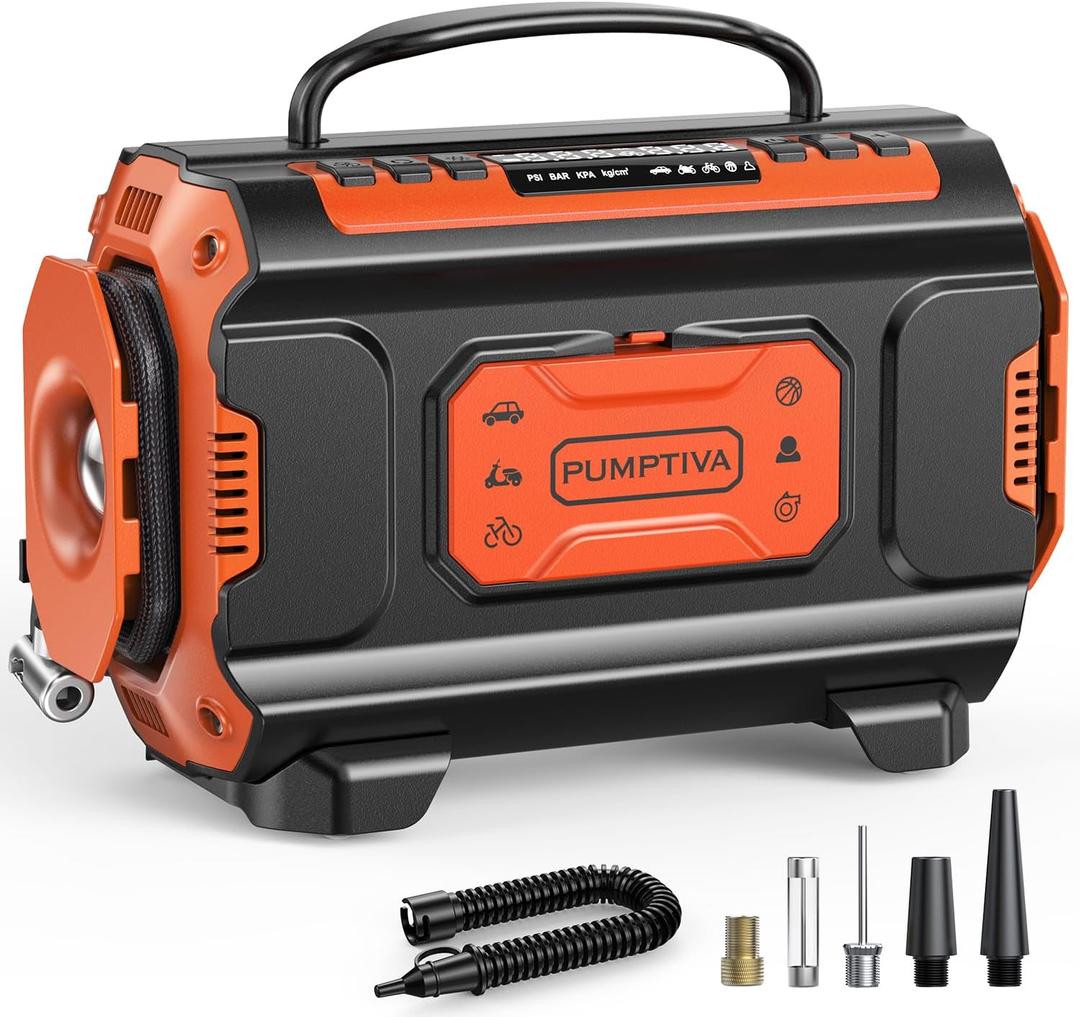 Tire Inflator Portable Air Compressor, 12V DC 110V AC Car Tire Pump, Air Mattress Pump with Inflation & Deflation Mode, Dual Powerful Motors Air Pump for Car, Bicycle, Air Mattress (Orange)