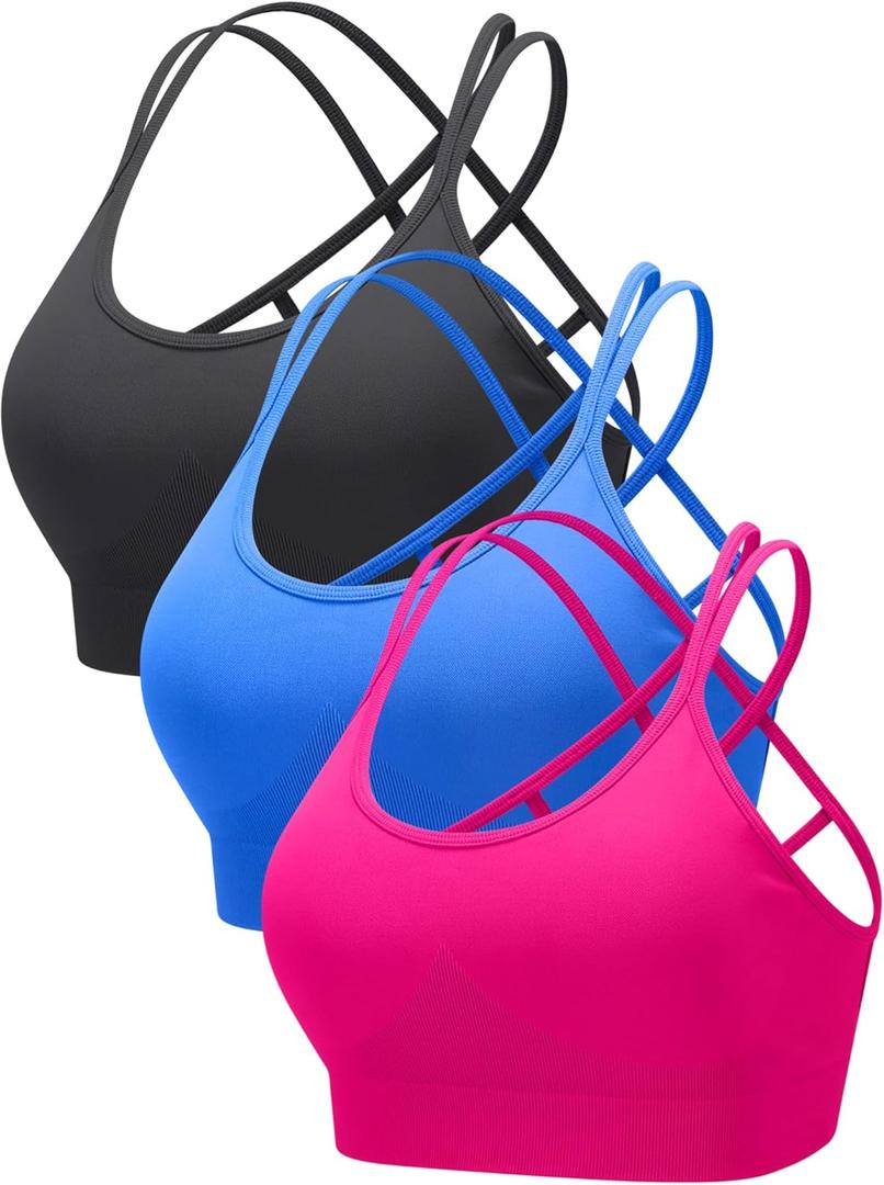 RUNNING GIRL Sports Bras for Women Pack Criss Cross Back Sexy Strappy Sports Bra Seamless Padded Yoga Bra with Removable Cups (Medium, 3pack Grey/Blue/Pink)
