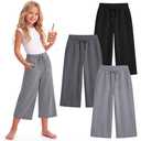 LessonZoo 3 Pack Girls Capri Pants Kids Wide Leg Sweatpants Casual Elastic Waist Drawstring Summer with Pockets 5-16Y(5-6 Years,Light Mottled Gray, Dark Mottled Gray, Black)